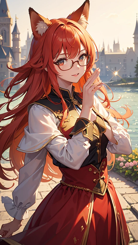 ((Best quality)), ((masterpiece)), (detailed), best quality，8k，original photo，This is a perfect face，Red Fox Maiden，touch fox，Castle Background， Liveliness. Carefree happy joy bokeh background. Quiet aesthetics. Soft lighting. Artistic Lighting. Gold frame glasses