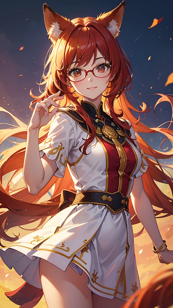 ((Best quality)), ((masterpiece)), (detailed), best quality,8k,original photo,This is a perfect face,Red Fox Maiden,touch fox,Castle Background, Liveliness. Carefree happy joy bokeh background. Quiet aesthetics. Soft lighting. Artistic Lighting. Gold frame glasses