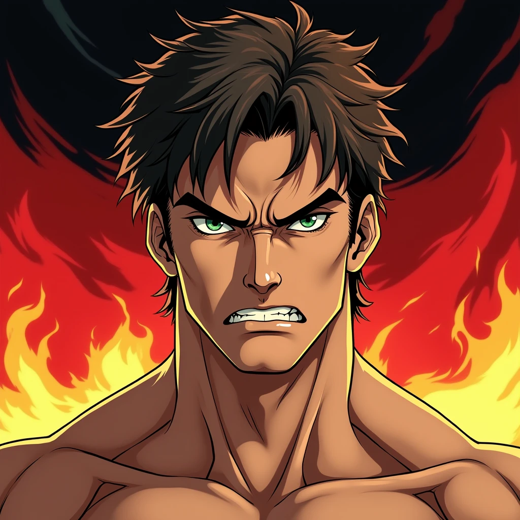 handsome brunette angry guy with green eyes on the background of the flag of Germany in anime style