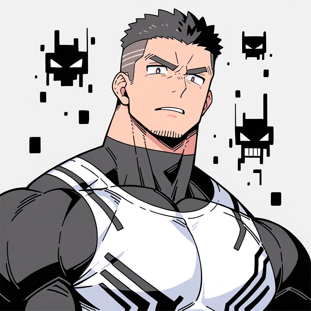 anime characters：Superhero - Venom, Dark Black Skin Muscle Sports Student, Manliness, male focus, High Neck Venom Bodycon T-Shirt, Under Armour Brand, Wear a high-necked tights underneath, Very tight, Huge pectoral muscles, muscular male, muscular, only, Upper body, alone, short hair, Thick eyebrows, stubble, Brown-red pupils, White background, Solid color background, Clean background, simple background, amazing quality, best aesthetics, Ridiculous, crew cut, bright pupils, frown, parted lips, angry, negative space, negative space, best quality