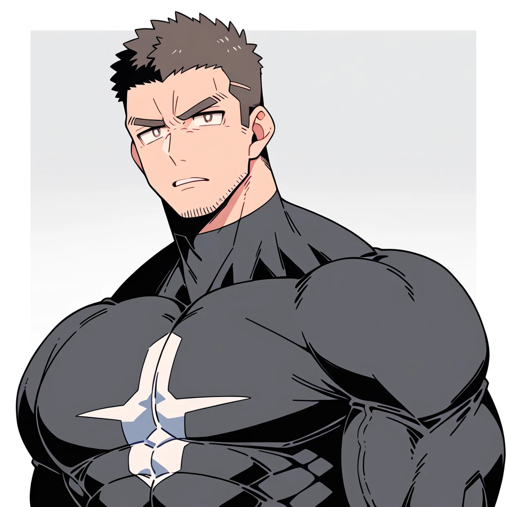 anime characters：Superhero - Venom, Dark Black Skin Muscle Sports Student, Manliness, male focus, High Neck Venom Bodycon T-Shirt, Under Armour Brand, Wear a high-necked tights underneath, Very tight, Huge pectoral muscles, muscular male, muscular, only, Upper body, alone, short hair, Thick eyebrows, stubble, Brown-red pupils, White background, Solid color background, Clean background, simple background, amazing quality, best aesthetics, Ridiculous, crew cut, bright pupils, frown, parted lips, angry, negative space, negative space, best quality