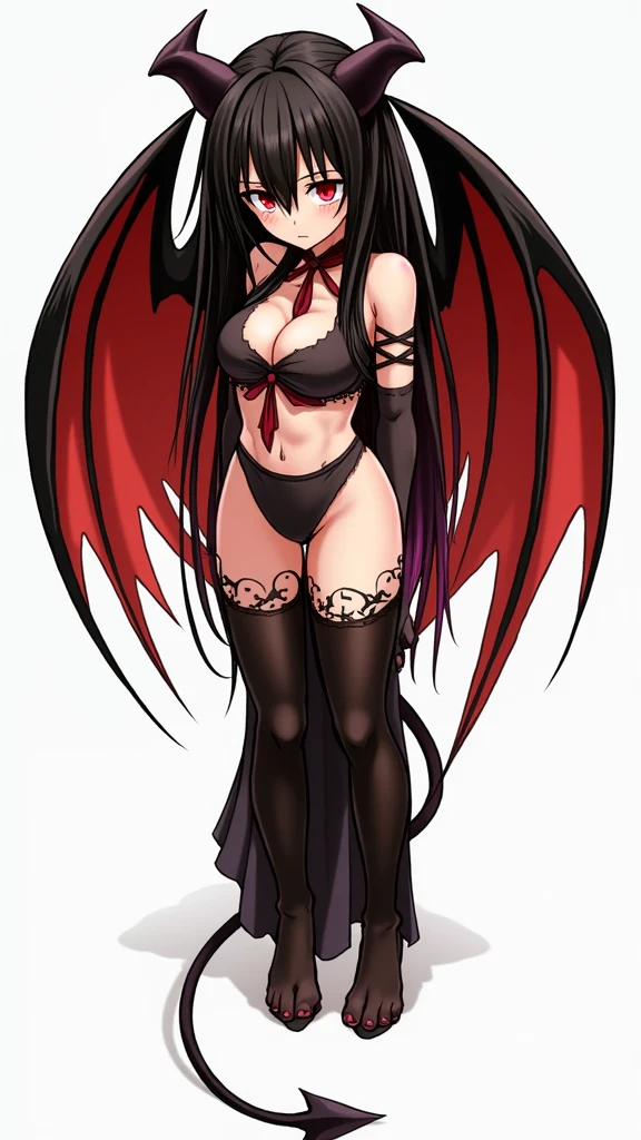Girl demon, black Horns, Black and Long Hair, Straight hair, Red Eyes, black devil's tail, anime version, full body, black clothes, slim, black wings