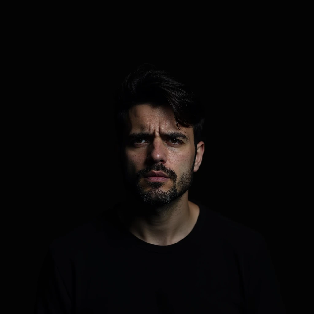 Man in a completely black background with a serious and pained face