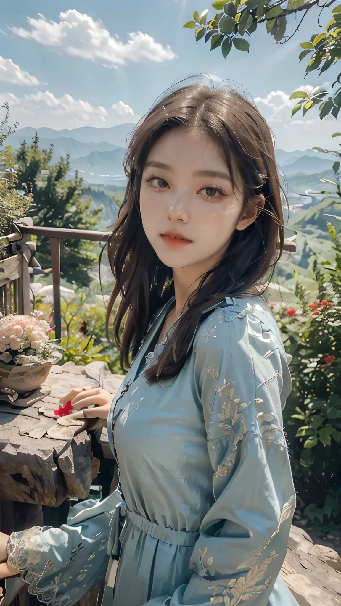 (realistic:1.3) , finely detailed, quality, (masterpiece:1.2) , (photorealistic:1.2) , (best quality) , (detailed skin:1.3) , (intricate details) , ray tracing, dramatic, cute girl, As the intrepid traveler navigated the winding mountain trails, she marveled at the breathtaking views of the valleys below.