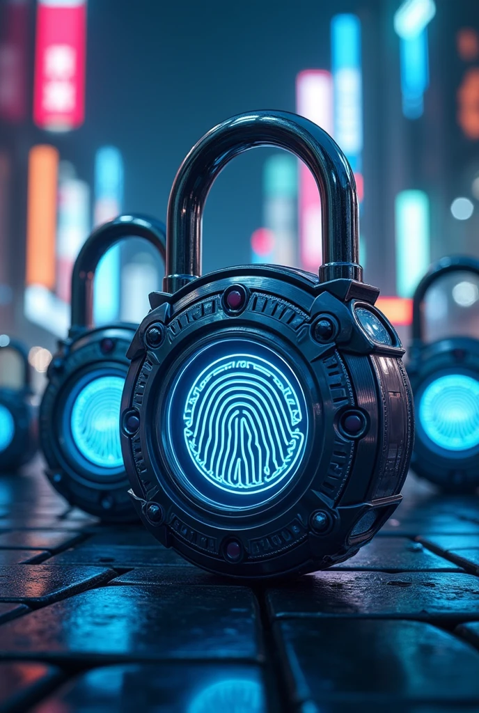 Various futuristic technology padlocks with blue rays