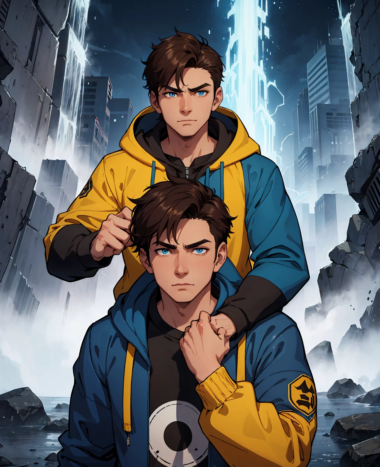 a young man with dark brown hair, blue eyes, and a medium build, clean-shaven face and short hair, wearing a black and yellow hoodie, giving him the appearance of a typical university student, apocalypse frozen, landscape