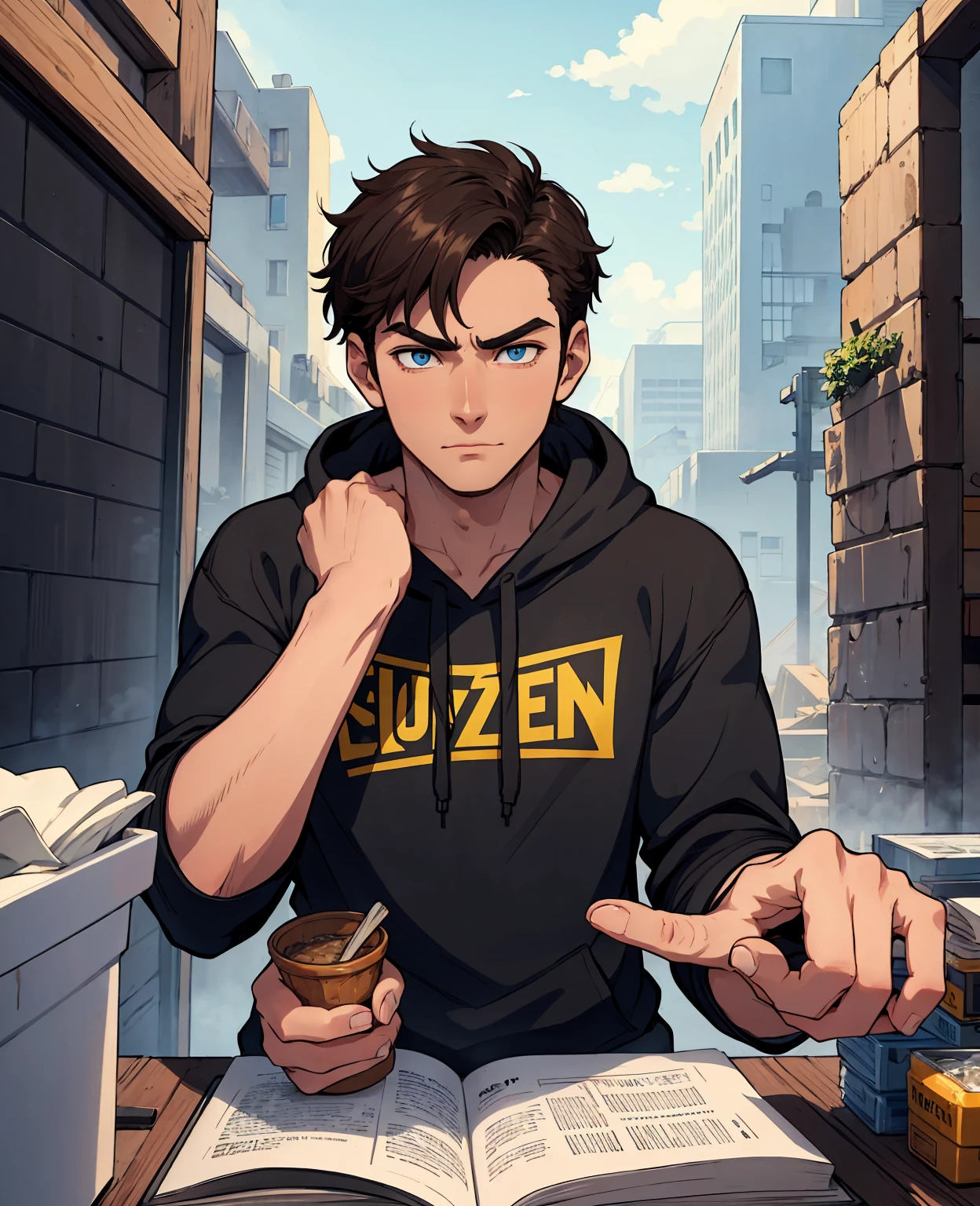a young man with dark brown hair, blue eyes, and a medium build, clean-shaven face and short hair, wearing a black and yellow hoodie, giving him the appearance of a typical university student, apocalypse frozen, landscape