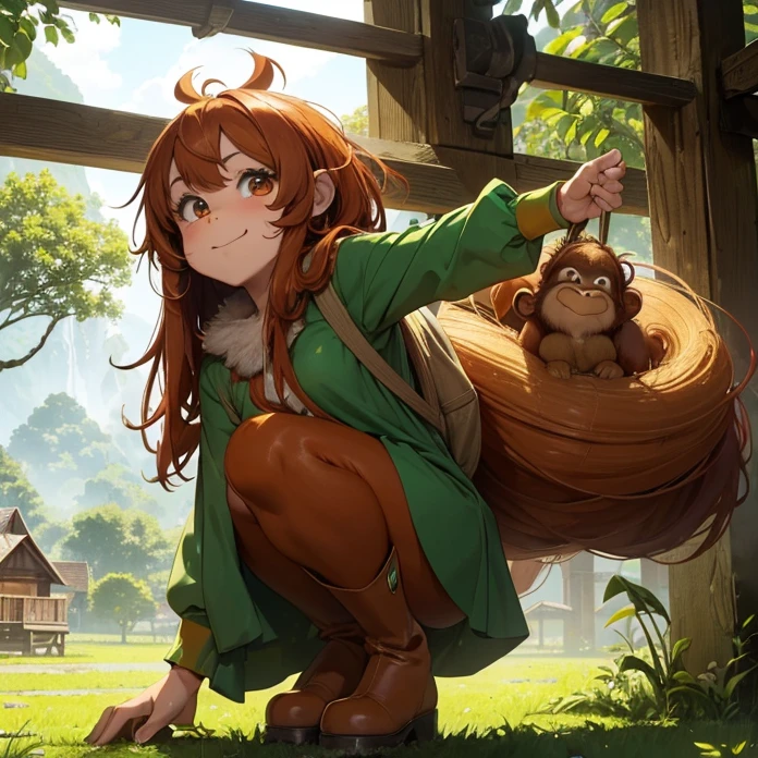 High Resolution, HD, High Quality, Super Detailed, High Details, Masterpiece, Anime, Anime Style, Character Design, high fantasy, epic art, animal characteristics, real animal, animal, FURRY CREATURE ANIMAL
{{creature: 100 years old female adult orangutan farmer:(red orangutan eyes, orangutan head, orangutan face, orangutan nose, orangutan closed open mouth, orangutan ears, orangutan neck, baby orangutan short baby body, baby orangutan big mouth, orangutan fur, orangutan long arms, orangutan legs),(green tunic, green boots),(working at the farm, holding a huge bag with saphires, gentle smile, wise and worker deameanor.),(green grass, hindu ecosystem, hindu farm, big trees far ahead, stone farmer house)}}