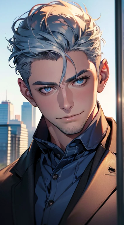 (best quality,4k,8k,highres,masterpiece:1.2),ultra-detailed,(realistic,photorealistic,photo-realistic:1.37),1 man,31 years old,mature man,very handsome,without expression,smile,short grey blue hair,blue eyes,penetrating gaze,perfect face without errors,imposing posture,businessman,office background,cinematic lighting,hdr image
