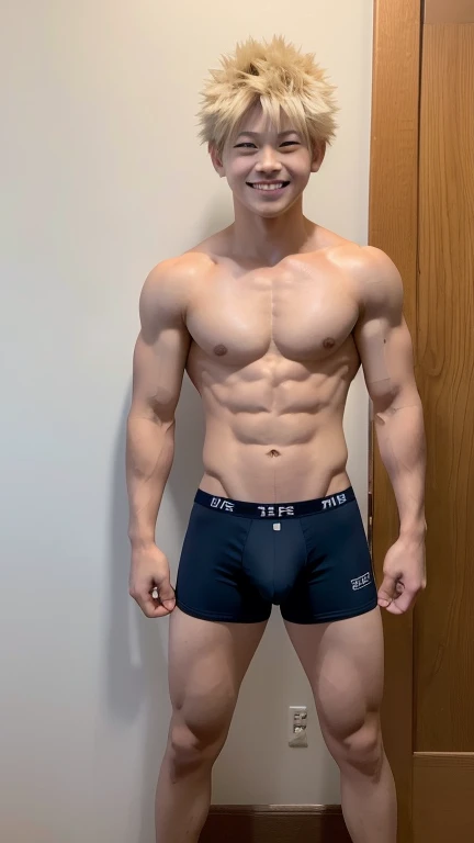 Japanese high school boy、************、Well-developed muscles and smooth skin、Pale blonde hair, spiky like Bakugou、Light orange boxer briefs、A full body shot from toes to head、Masculine pose in a Japanese-style room、Hero Academy、Open your mouth and smile boldly、looking at the camera