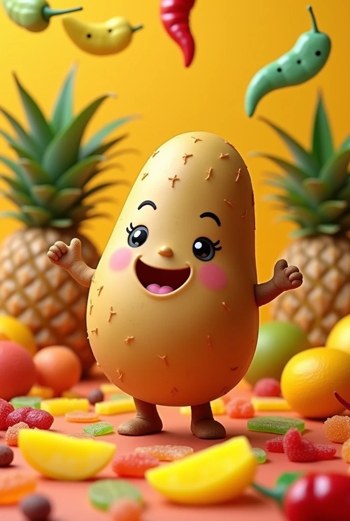 A cute, kawaii, animated brown potatoe that is acting very crazy and dummy, dancing the conga on a table, surrounded by many mangoes, lots of colorful gummies, and happy chillies 