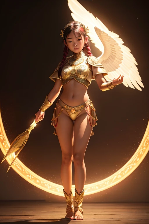 A young 15- yr old native asian girl with lovely charminvg face,( dark skin texture masterpiece), (perfect full body detailed anatomy), (Super accessories detailed), (meditating ), (perfect detailed glowing bright eyes),(short braided illuminating ruby hair)，Wearing transparent costume of an angel，holding a treasure septer & shield, illuminating different lights covers the sorrounding atmosphere Has beautiful large white wings, The character solemnly praying 