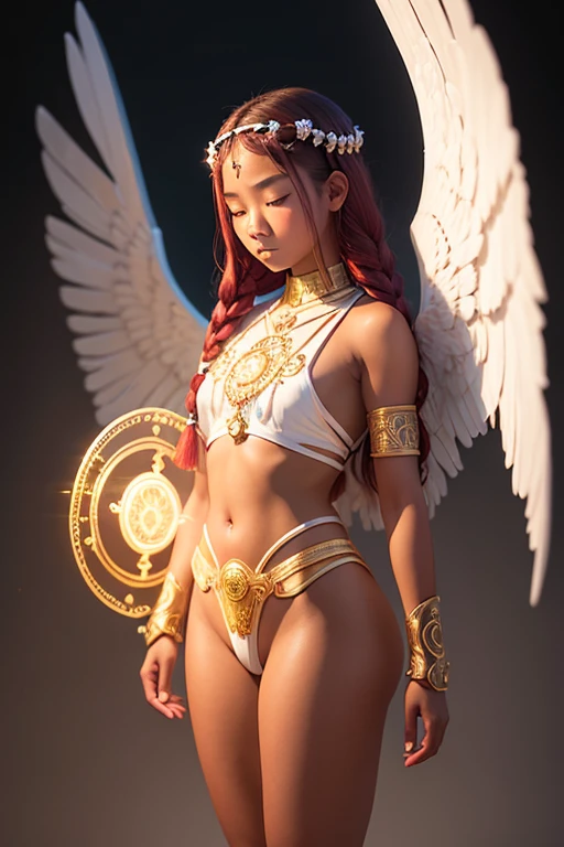 A - yr old ntivsian girl with lovely charminvg face,( dark skin texture masterpiece), (perfect full body detailed anatomy), (Super accessories detailed), (meditating ), (perfect detailed glowing bright eyes),(short braided illuminating ruby hair),Wearing transparent costume of an angel,holding a treasure septer & shield, illuminating different lights covers the sorrounding atmosphere Has beautiful large white wings, The character solemnly praying