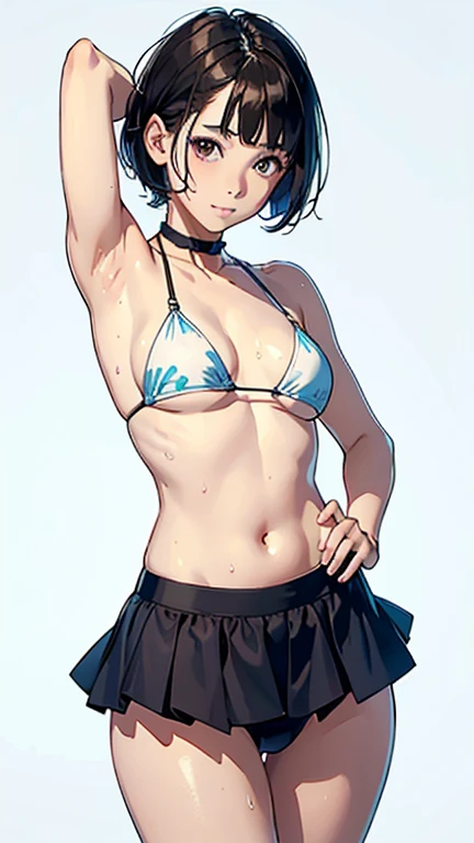 (Highest quality, masterpiece, High resolution)、(Anime Art)、 (reality)、Beautiful woman、(1 female)、18-year-old、(Please put your hands on your hips)、(Detailed depiction of a beautiful face)、Smiling Kindly、chest、Slim figure、medium short hair、semi-long、Two-tone hair、Wet、Sweat、bikini、micro bikini、A pareo skirt with bold ethnic patterns and plenty of primary colors、Realistic Skin、Wet、whole body、No zoom、No close-ups、Cinematic Light、Tropical colors、(Blank Background)、(White Background)、Perfect Face, Cute and symmetrical face, Glowing Skin, Sunburned skin, (short hair:1.2, Bobcut:1.2, Brown Hair), Asymmetrical bangs, Oil