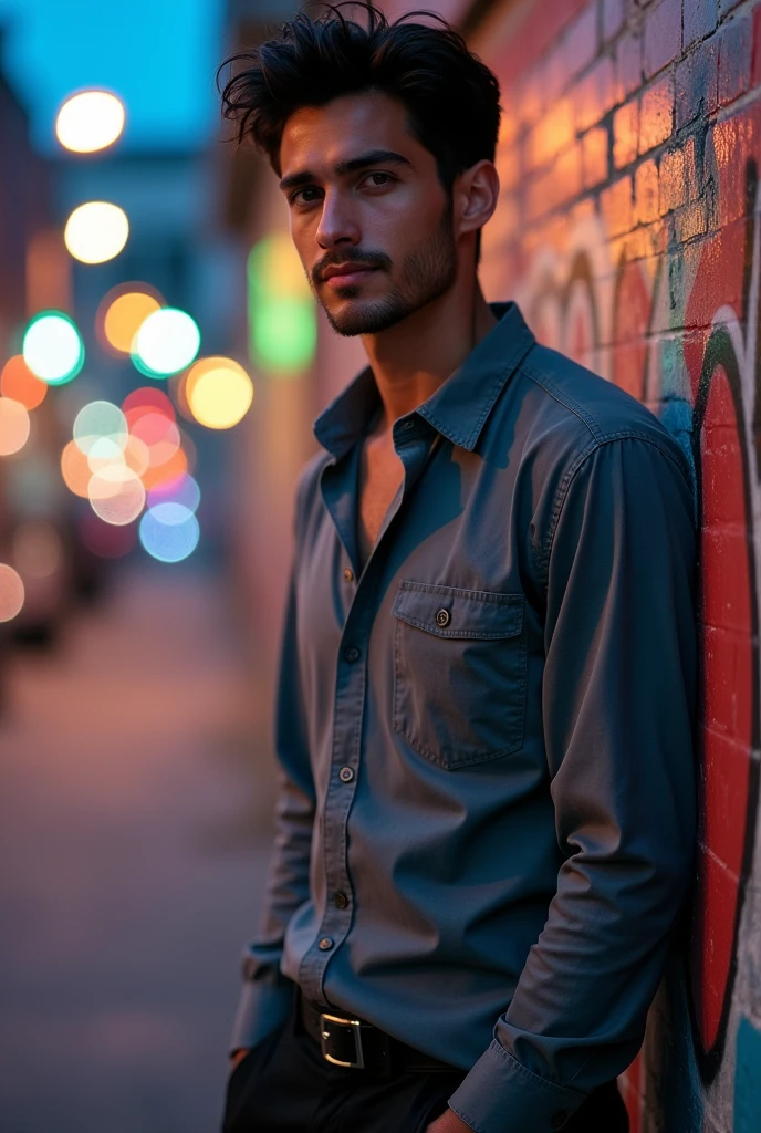 A 30 year old man with vlack hair, hazel eyes and a grey, long button up shirt, with black pants