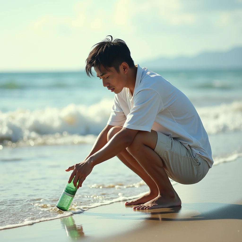 A Japanese man picks up a small bottle on the beach and cries.