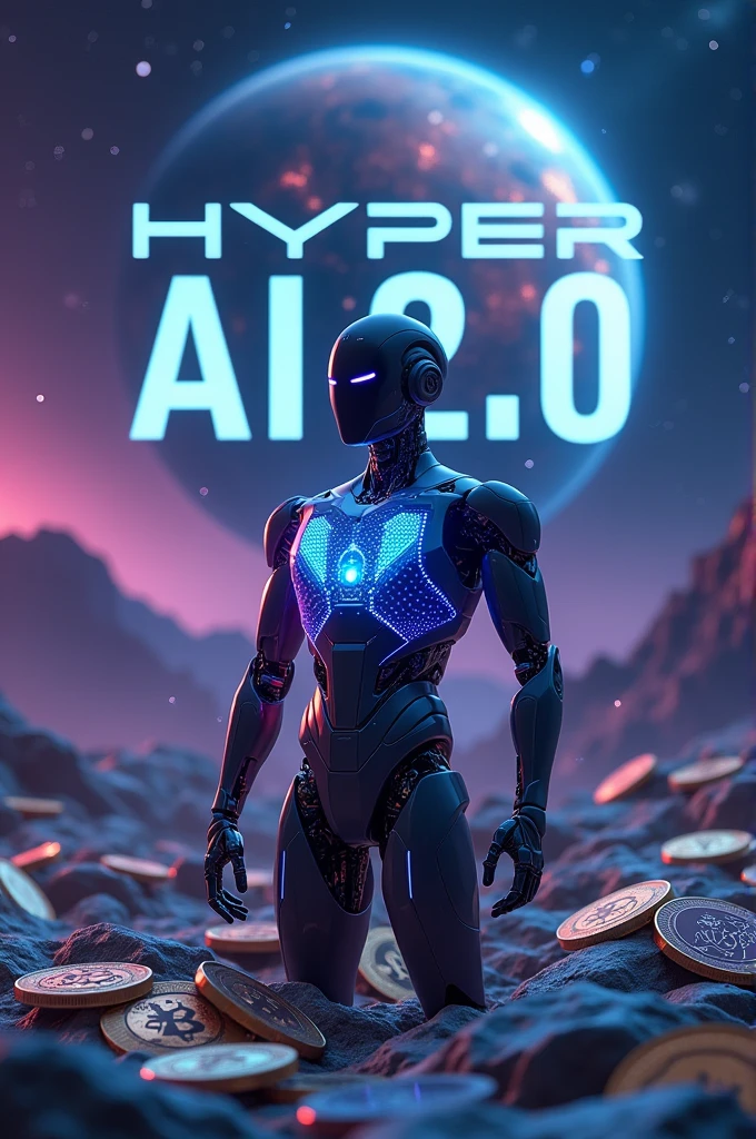 I want an image that has the word Hyper AI 2.0 background, a 3d robot, images of cryptocurrencies falling inside an expanding planet 