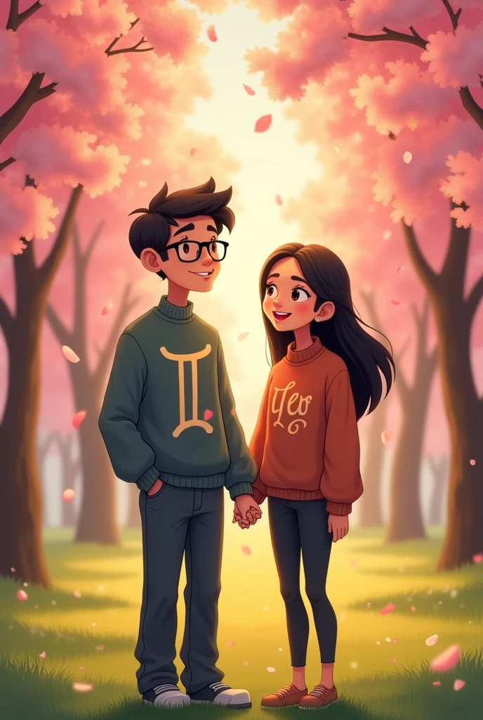 An animated image of a happy young couple in love, the thin man who is tall, with glasses, dark and short hair, piel clara y with a sweater that says "♐", and the thin woman with dark hair, medium height and fair skin, with a sweater that says "♌".
