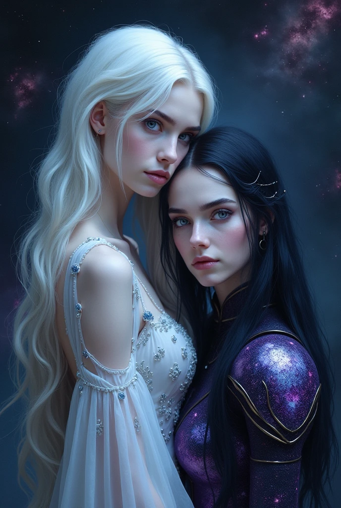 A book cover with a dramatic background in shades of black, blue and purple with various galaxies diffused in a nebula giving an air of mystery. In the front of the background is a white woman, incredibly pale, with white hair and blue eyes. She is wearing a delicate white dress with blue diamonds. She is turned sideways showing only the profile and beside her is her daughter, also a woman, pale with blue eyes but with black hair and wearing a black purple celestial armor. 