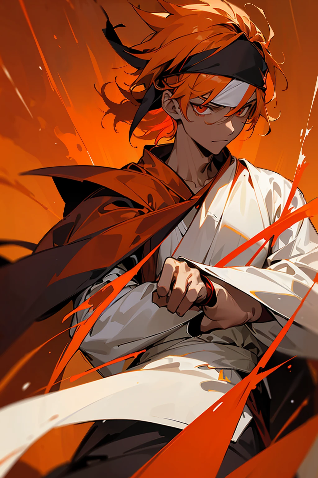 1male, , age 19, e hair, messy hair, bright orange eyes, muscular, martial artist, calm expression, ((white compression undershirt, black and red robes, multicd robe, black and red headband, multicolored headband,)) (dark skin, caramel skin,) (forest background, hands to side, detailed background,) (detailed face)