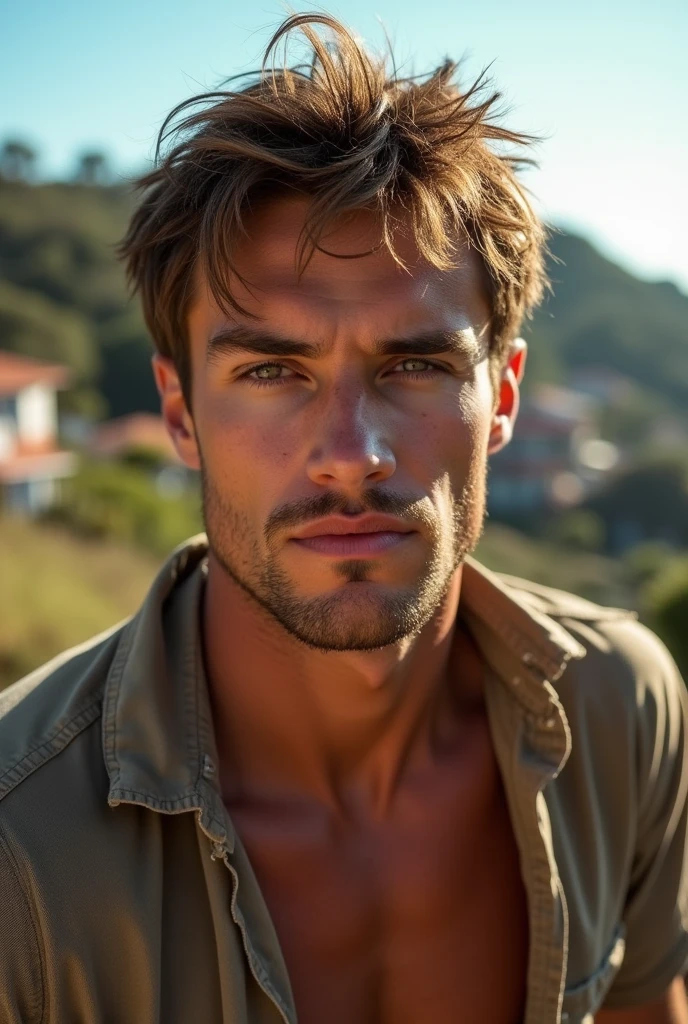 Sexy photo of a muscular man with a sweet face and rebellious light brown hair, he's on the favela hill of Brazilian houses, He has, sensual look at the camera, homem gay sensual , hot sun sweating , jung , He wears a dirty shirt , warmth