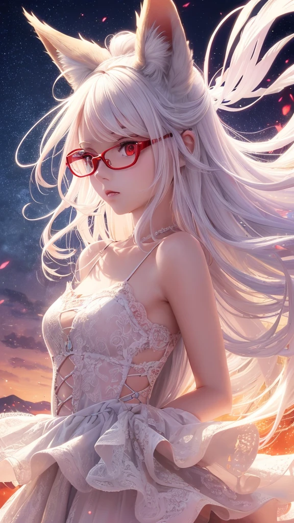 best quality, 8k, original photo, Ridiculous, Extremely detailed, Fox-eared maiden,baby face, No makeup, Provocative expressions,slim, Perfect proportion, White straight hair, (wind, wind-effect), Red Eyes, Various visual styles for backgrounds,combines various artistic elements,like a sparkling iridescent rainbow,Fox tail,Lace dress,wearing glasses