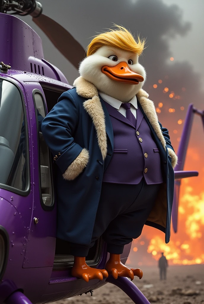 Mafia soft fur skin duck with hairstyle of donald trump wearing suit and pant sitting on the side of a open door purple helicopter, battlefield backgrond, fire everywhere