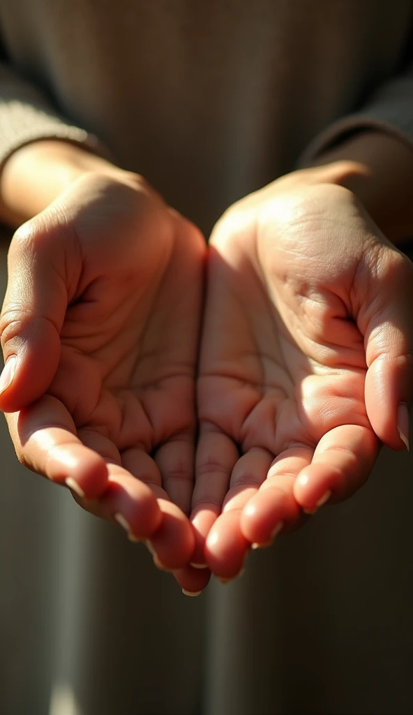a close-up portrait of a person's hands, delicate and expressive hands subtly lit by warm natural sunlight, detailed skin texture, intricate veins, soft highlights, detailed fingers, maintaining a sense of intimacy and focus, photorealistic, cinematic lighting, muted color palette, beautiful, serene, natural