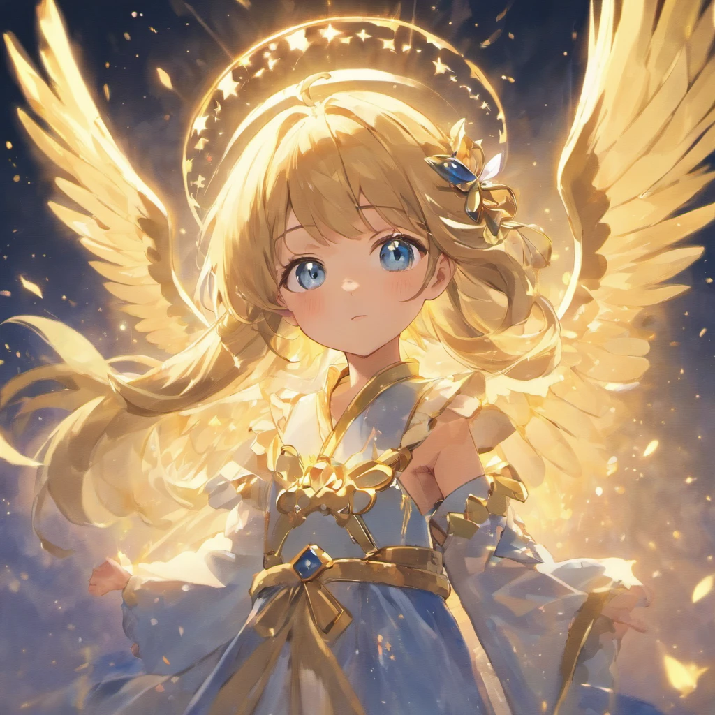 Little Goddess,Golden light shines around her,Details,The little one has golden wings flying in the sky,Blue and gold light shines around her,Blue eyes shine with bright blue light