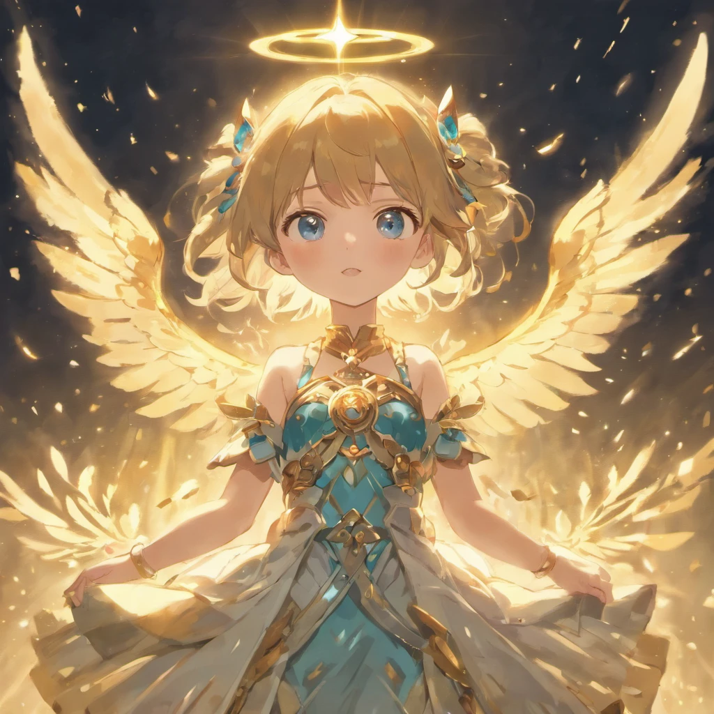 Little Goddess,Golden light shines around her,Details,The little one has golden wings flying in the sky,Blue and gold light shines around her,Blue eyes shine with bright blue light