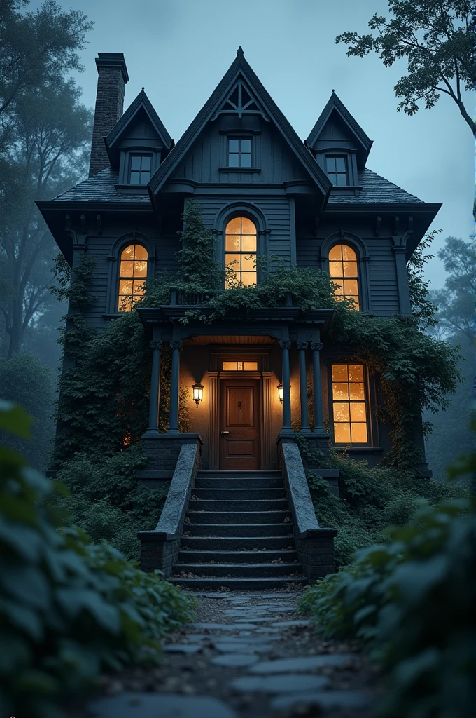 In 3d animation style "An old, abandoned mansion with broken windows, overgrown plants, and an eerie aura."