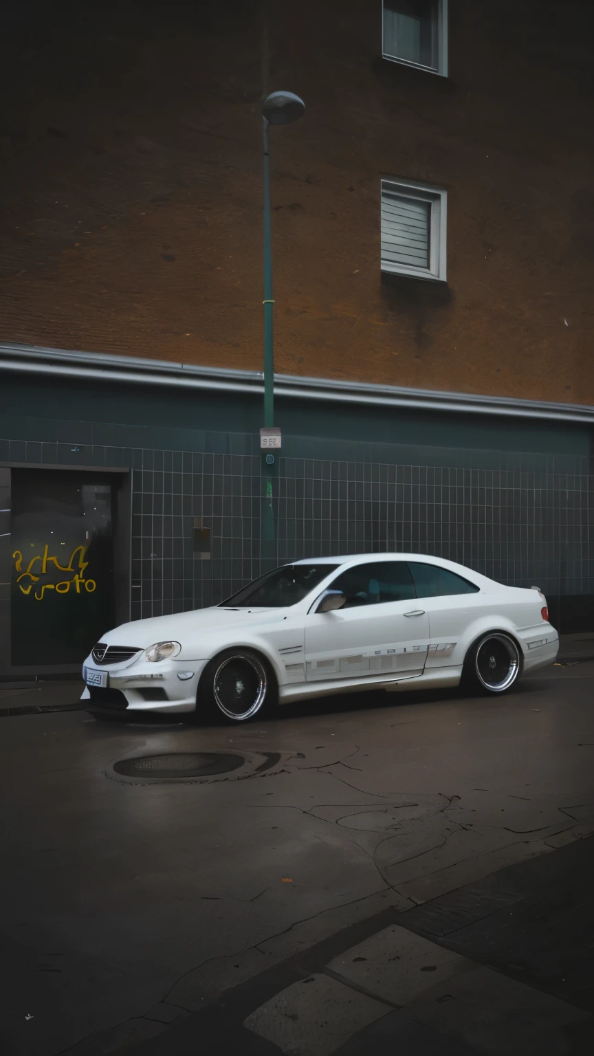 CLK63, w209 C209, Modified Tuning car, white,  Sunset Night lean curvy curly Latina on car german street Düsseldorf, Police car in the background, 