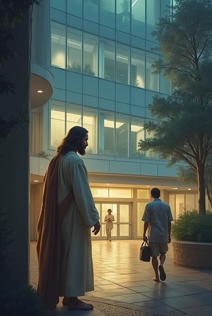Jesus is standing at the door of a hospital and in the distance a young sick man can be seen returning to the hospital to be hospitalized.. Let it be seen that it is a hospital