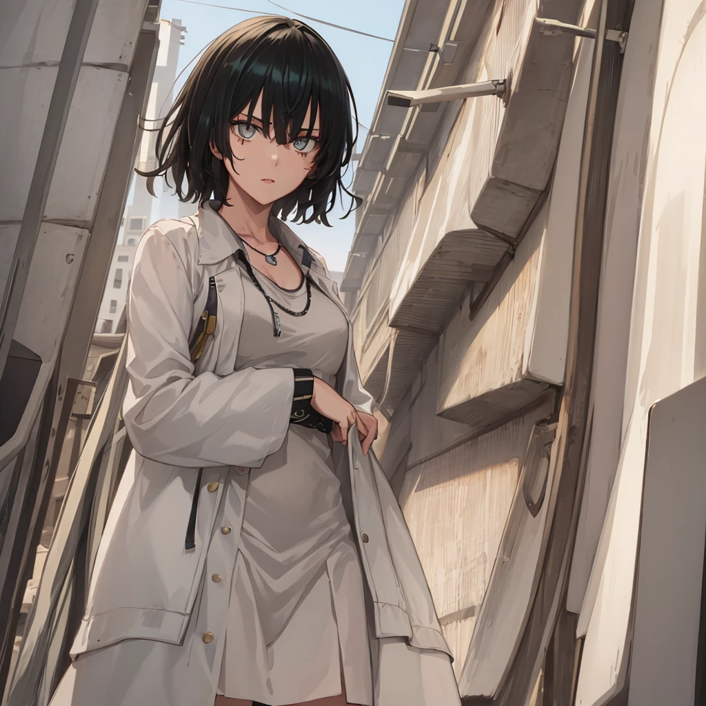 masterpiece, high resolution, screenshot, best quality, 1 Girl, (Scar above the left eye), White short jacket, Very detailed, Rule of Thirds, Jewelry, Long hair, Bangs, Hair between the eyes