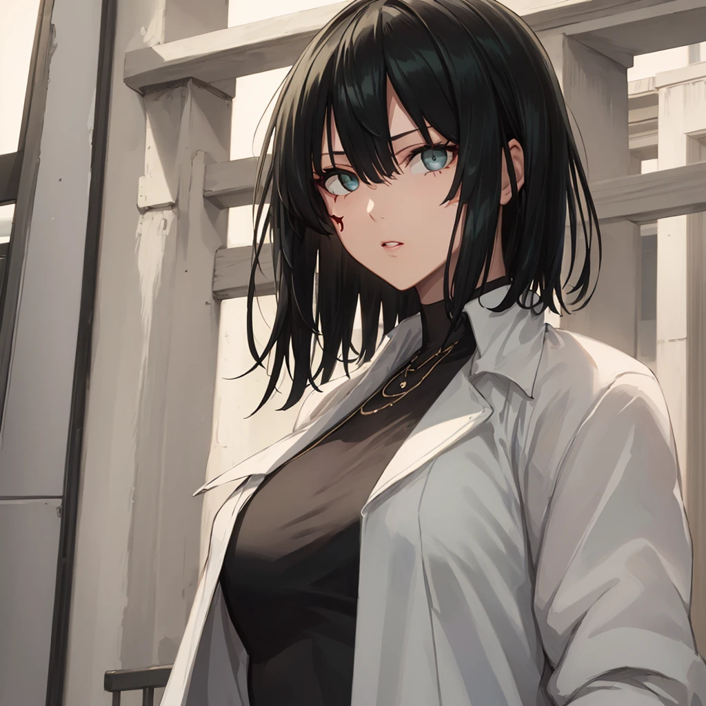 masterpiece, high resolution, screenshot, best quality, 1 Girl, (Scar above the left eye), White short jacket, Very detailed, Rule of Thirds, Jewelry, Long hair, Bangs, Hair between the eyes