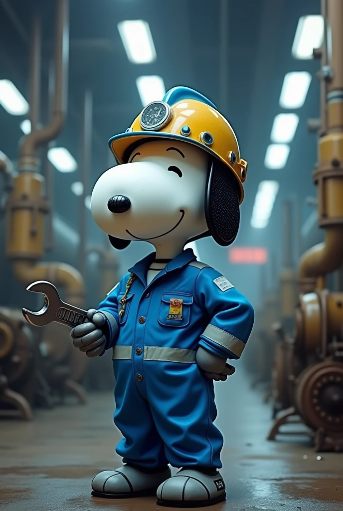 Snoopy in an industrial maintenance suit 