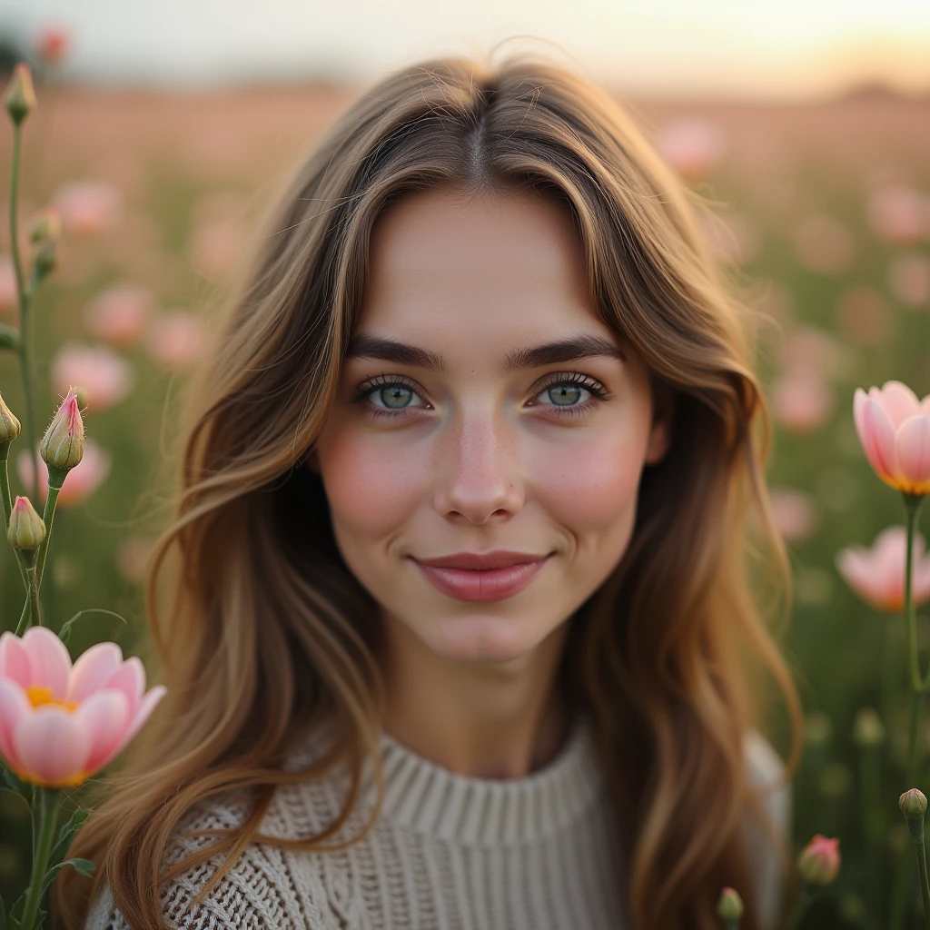 Best quality, masterpiece, ultra high res, (photorealistic:1.4), raw photo, a soft russian women, modest sweater, and the close-up shot highlights her delicate features with voluminous mass, photobash elements, and jagged edges, all set in a navy-toned, blossom flower field, glowing skin, light smile