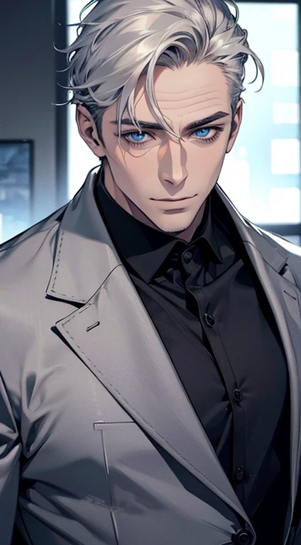 (best quality,4k,8k,highres,masterpiece:1.2),ultra-detailed,(realistic,photorealistic,photo-realistic:1.37),1 man,31 years old,mature man,very handsome,without expression,smile,short grey white hair,blue eyes,penetrating gaze,perfect face without errors,imposing posture,businessman,office background,cinematic lighting,hdr image