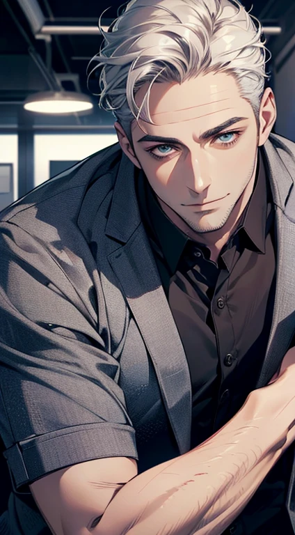 (best quality,4k,8k,highres,masterpiece:1.2),ultra-detailed,(realistic,photorealistic,photo-realistic:1.37),1 man,31 years old,mature man,very handsome,without expression,smile,short grey white hair,blue eyes,penetrating gaze,perfect face without errors,imposing posture,businessman,office background,cinematic lighting,hdr image