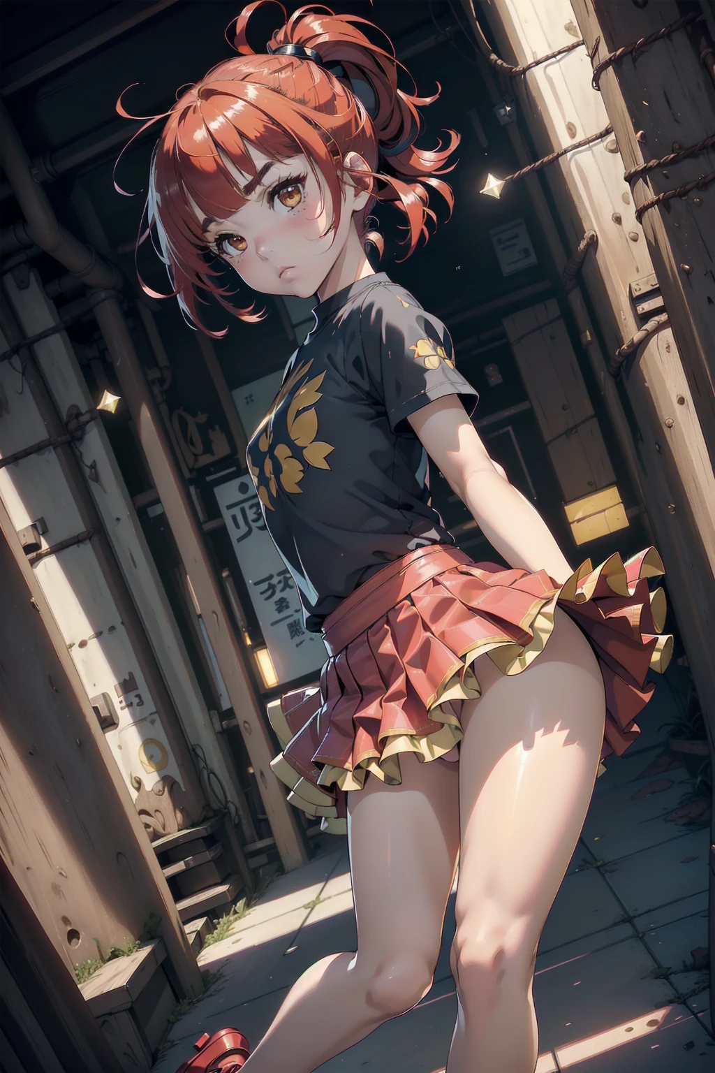 ((top quality, ultra-detailed, high resolution, extremely detailed CG, unity 8k wallpaper, by famous artist, perfect anatomy, super detailed skin, cinematic lighting, UHD, retina, anatomically correct, 1080P)), (Please draw a single one girl walking in the Japanese suburbs:1.3), ((1girl)), (Solo, face,13-year-old:2.0), a junior high school student, ((cute petit girl, chibi, babyface)) androgynous charm, Medium hair, ((full red hair)) ((redhead)), straight hair, ponytail, straight bangs, ((very thin legs)), ((skinny legs, thin body, small build)), Full limbs, complete fingers, ((perfect fingers and hands)), flat chest, small breasts, childish body, small butt, groin, Beautiful detailed full yellow gold eyes, perfect eyes, ((Magical girl-inspired costume with a tutu skirt, star motifs, and a matching wand)), (Detailed Lighting), ((Japanese suburbs)), (Detailed scenary background), full body view, Cute, kawaii single girl (one girl), full body shot, ((little young body:1.3)), ((long skirt)), ((shoes)), ((red hair girl:1.3)), ((A natural, correctly proportioned hands)), ((straight bangs cut just to the eyebrows, perfectly aligned and not moving to the side:1.3))