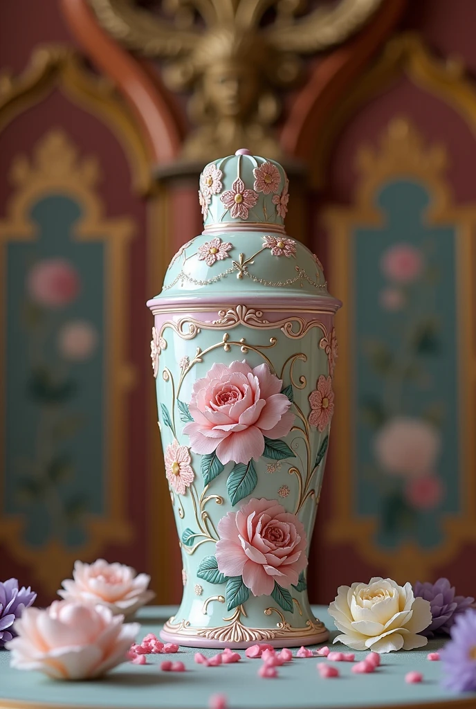 Make me a cocktail shaker with the Victorian style of flower knows and pastel-colored coquette