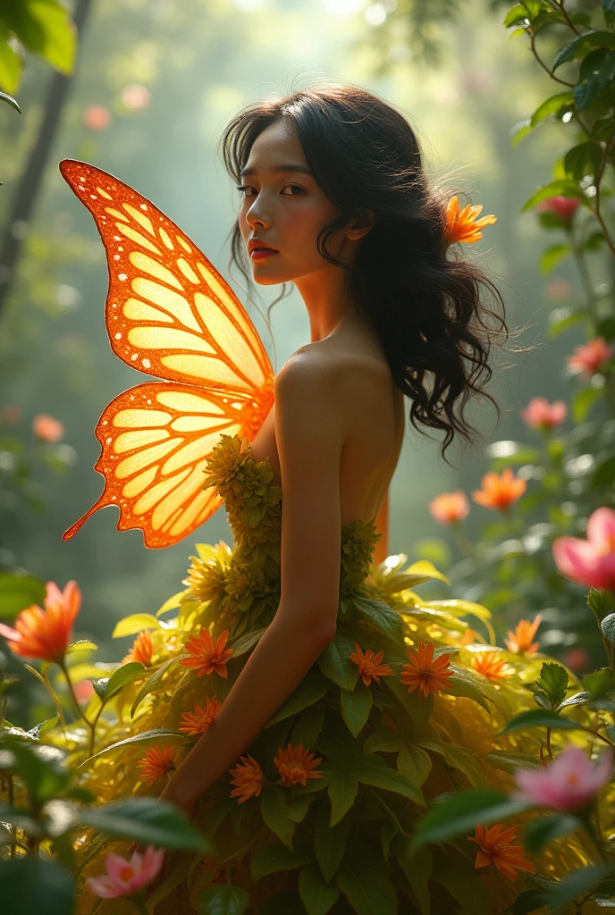 Hi generate and image of a woman with butterfly wings with big dark brown eyes; black bouncy hair; and fair skin with a dress make of leaves with orange and fuscia . With wings that are transparent orange and fuscia. 
