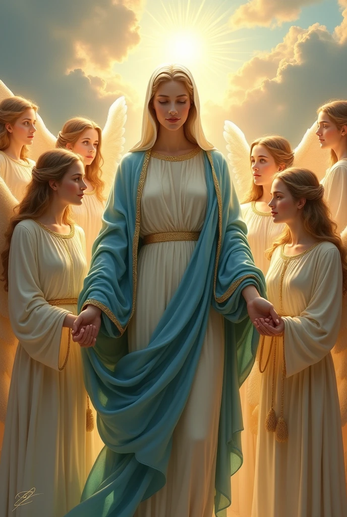 The Virgin Mary and beautiful adult female angels, whole body