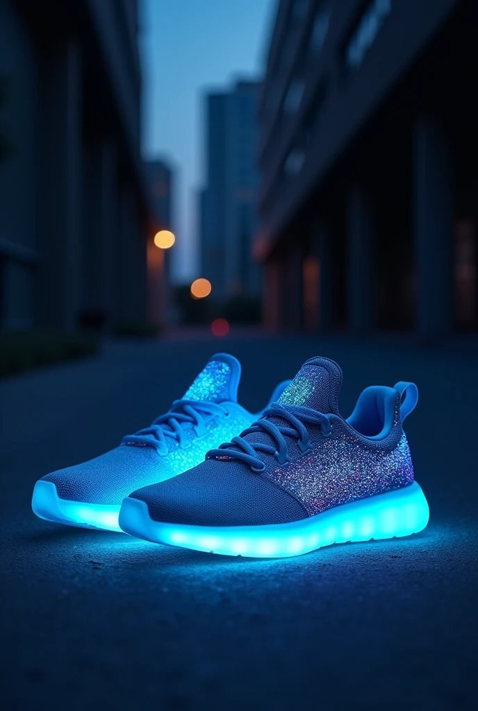 Sneakers in a gradient blue color with a light on the sole that looks like a firefly's light.