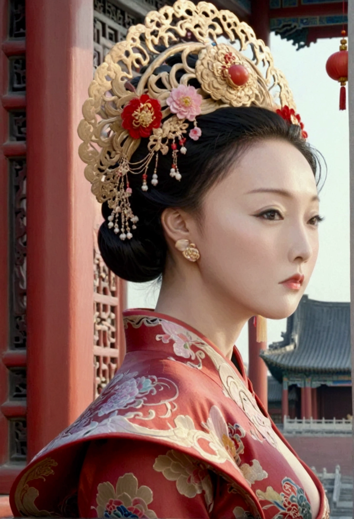 The empress of the Qing Dynasty is naked and has slightly large breasts, posing on all fours, sticking out her buttocks can be seen from the profile, the background is outside the Qing Dynasty palace