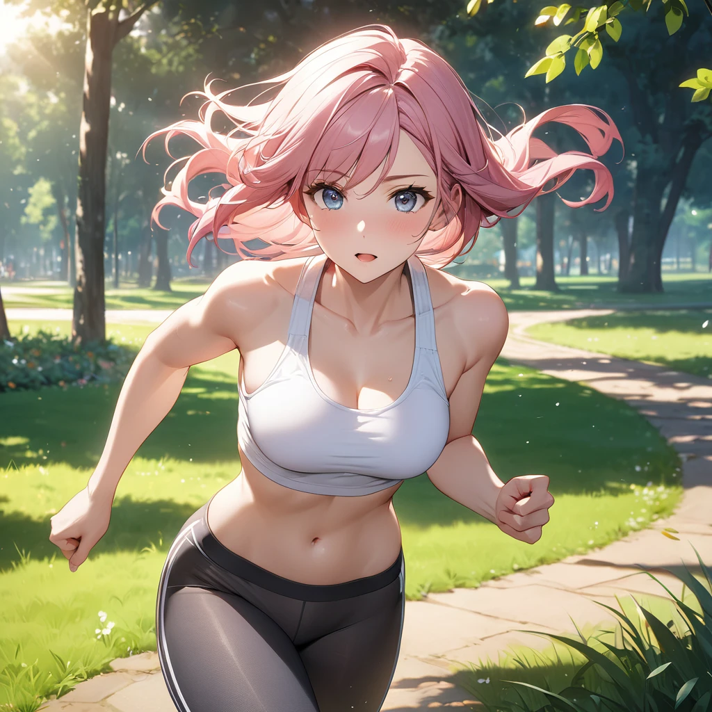 8k,Highly detailed CG unit wallpaper,masterpiece:1.2,Highest quality,Ultra-high resolution,RAW Photos,Cinema Lighting,absurdres, nsfw, 30 year old beautiful girl,mature female,Medium Breast,Pink Hair,Long Hair,Cute like an idol,Beautiful eyes,White tank top,dark grey leggins,running,jogging,grass,park,