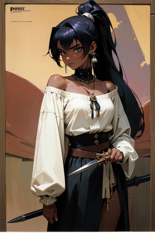 ((Highest quality)), ((masterpiece)), (detailed), (anime), (comics), 1 person, Sunburned skin, Off-the-shoulder sweater, pirate accessories, Gloomy appearance, Medieval dress, pirate hat, Earrings, knife, Dark Skin, Long Hair, Black Hair, ponytail, ((Highest quality)), ((masterpiece)), (detailed), (anime), (comics), (80's comics), mujer con Black Hair largo, Dark Skin, pirate accessories, Gloomy appearance, medieval prostitute dress, Sunburned skin, Loose white shirt, black open skirt, Yandere
