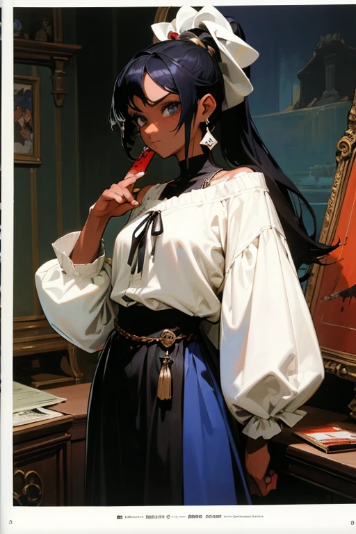 ((Highest quality)), ((masterpiece)), (detailed), (anime), (comics), 1 person, Sunburned skin, Off-the-shoulder sweater, pirate accessories, Gloomy appearance, Medieval dress, pirate hat, Earrings, knife, Dark Skin, Long Hair, Black Hair, ponytail, ((Highest quality)), ((masterpiece)), (detailed), (anime), (comics), (80's comics), mujer con Black Hair largo, Dark Skin, pirate accessories, Gloomy appearance, medieval prostitute dress, Sunburned skin, Loose white shirt, black open skirt, Yandere
