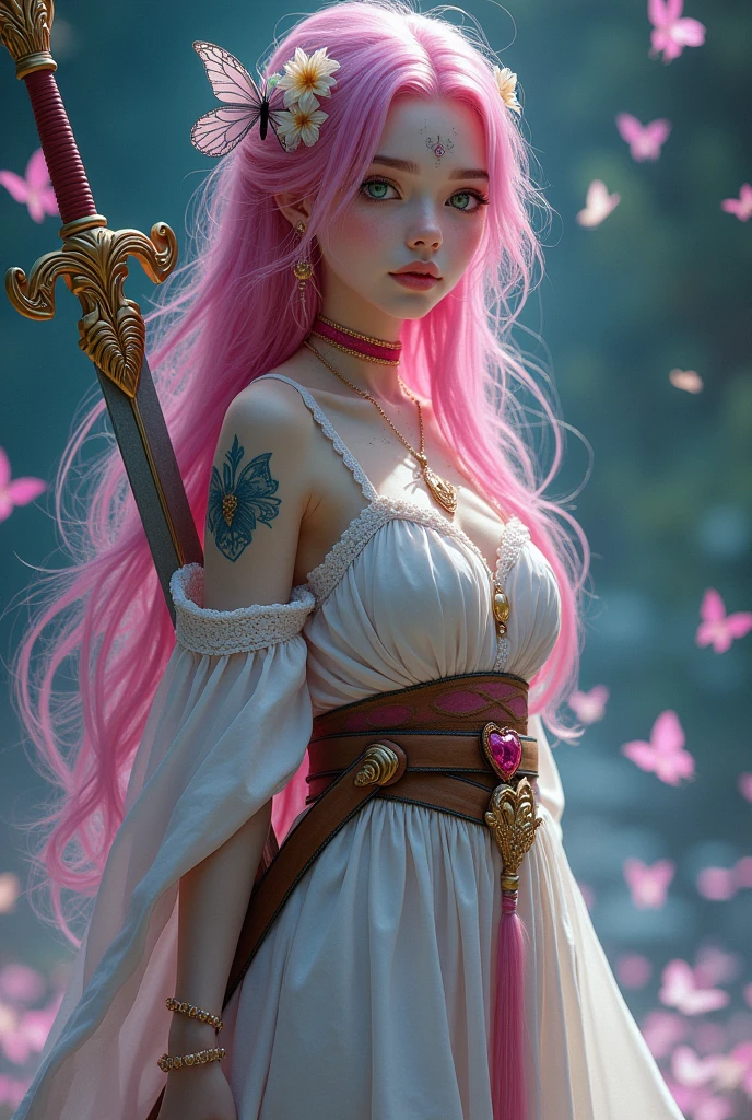 A very sexy girl with long very pink and blue hair that reaches the floor, her skin is quite white and delicate, being covered with tattooed magic runes and a brilliant golden dust, your eyes have heterochromia one is purple and the other green. She wears the robes of a beautiful elegant muse and also likes to wear high heels, She is of noble origin and is the daughter of a genius. She is an adventurer and loves music, ela é uma barda e está sempre com your mandolin em mãos assim como sua bela espada, your mandolin, sword and hair are always surrounded by butterflies, She also wears a ruby ring., Your high heel is very delicate., she also wears a heart shaped necklace.