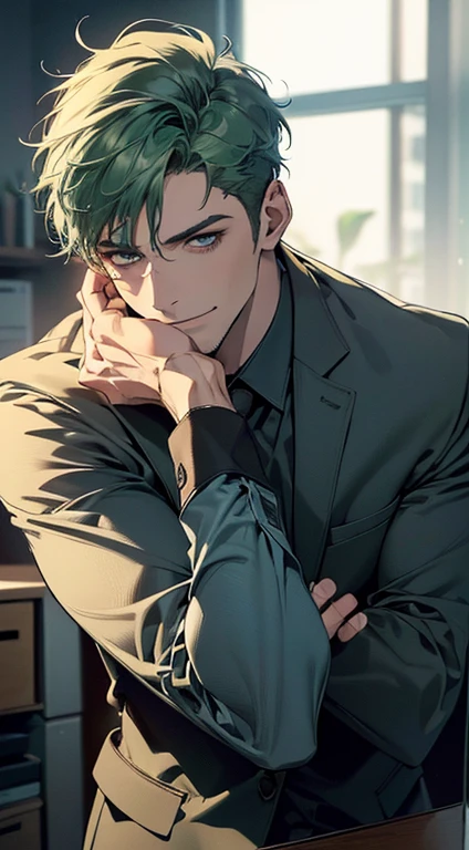 (best quality,4k,8k,highres,masterpiece:1.2),ultra-detailed,(realistic,photorealistic,photo-realistic:1.37),1 man,31 years old,mature man,very handsome,without expression,smile,short green hair,blue eyes,penetrating gaze,perfect face without errors,imposing posture,businessman,office background,cinematic lighting,hdr image